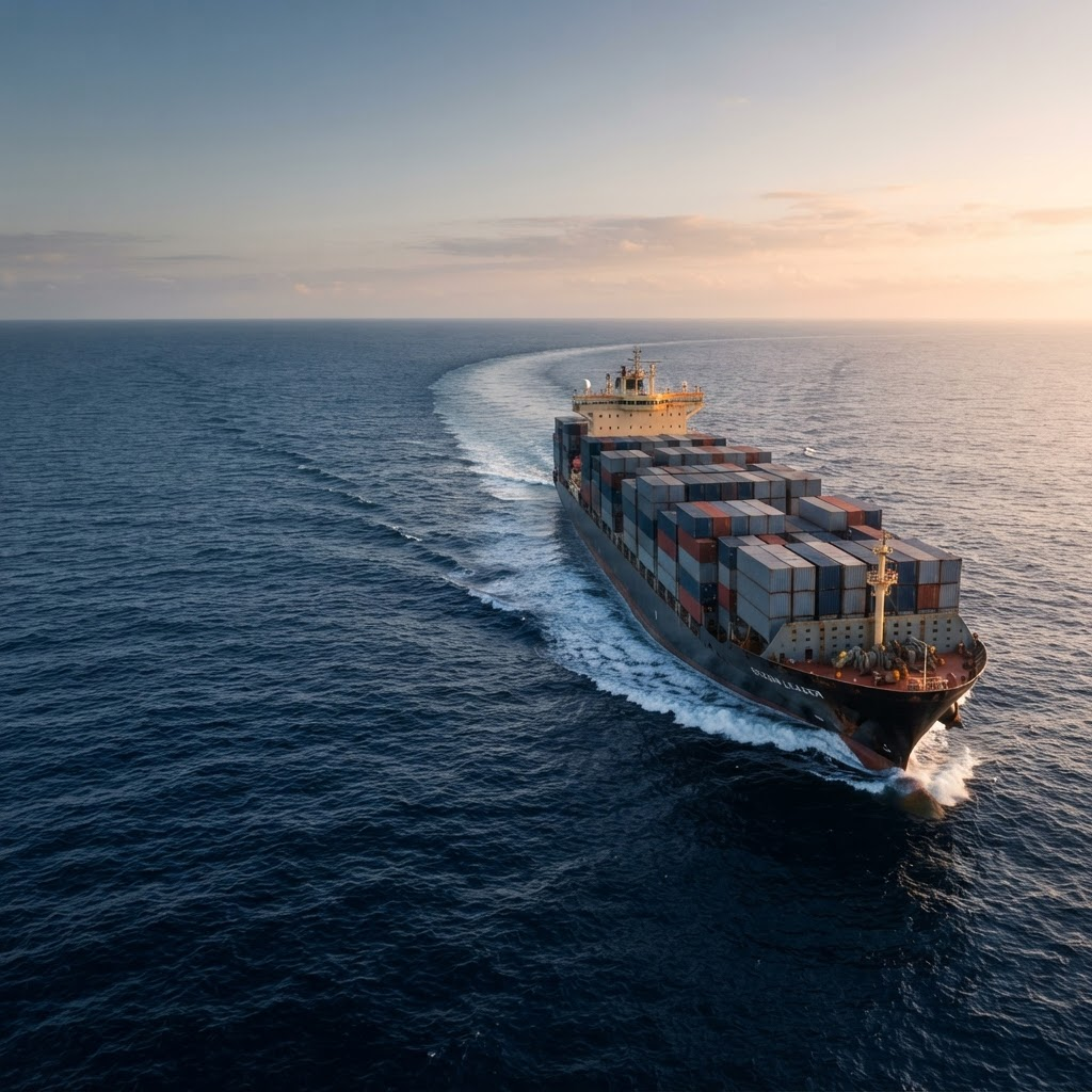 Commercial vessel cruising quickly across open ocean